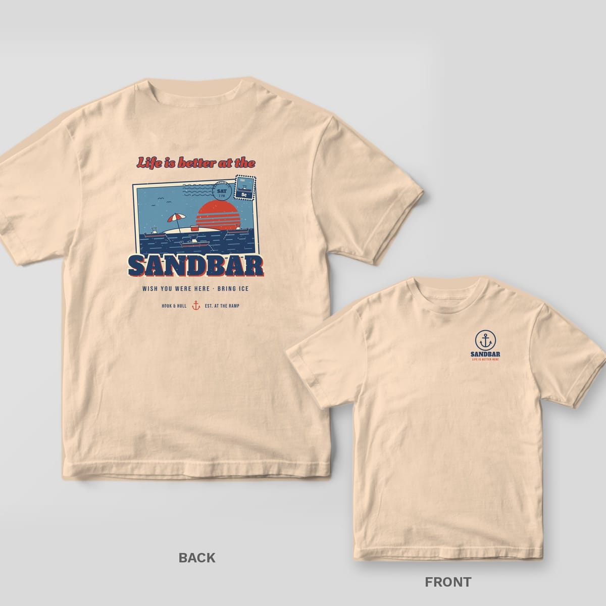 Back and front of an ivory Comfort Colors T-shirt with a vintage postcard of boats anchored at a sandbar at sunset with the words Life is better at the Sandbar; small chest print on the front