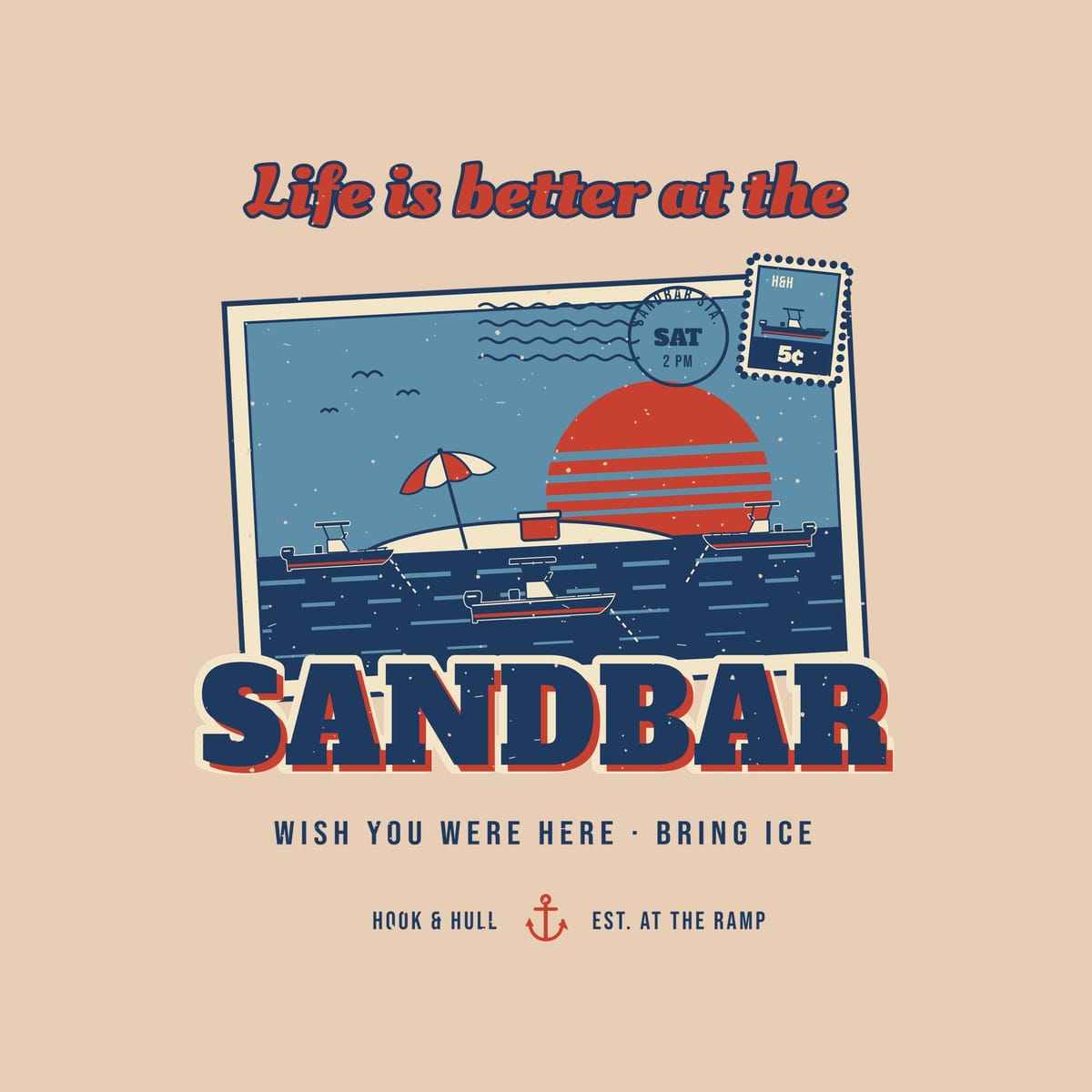 Close-up of the back print artwork on an ivory background: a vintage postcard of boats anchored at a sandbar at sunset with the words Life is better at the Sandbar