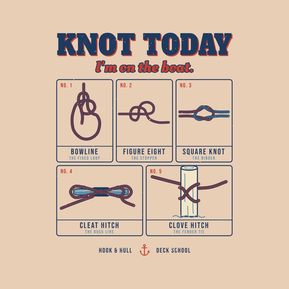 Close-up of the back print artwork on an ivory background: the words Knot Today over a chart of five nautical knots: bowline, figure eight, square knot, cleat hitch and clove hitch
