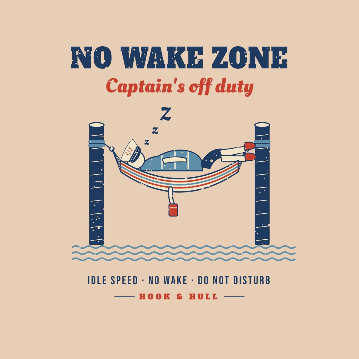 Close-up of the back print artwork on an ivory background: captain napping in a striped hammock between two dock pilings under the words No Wake Zone, Captain's off duty