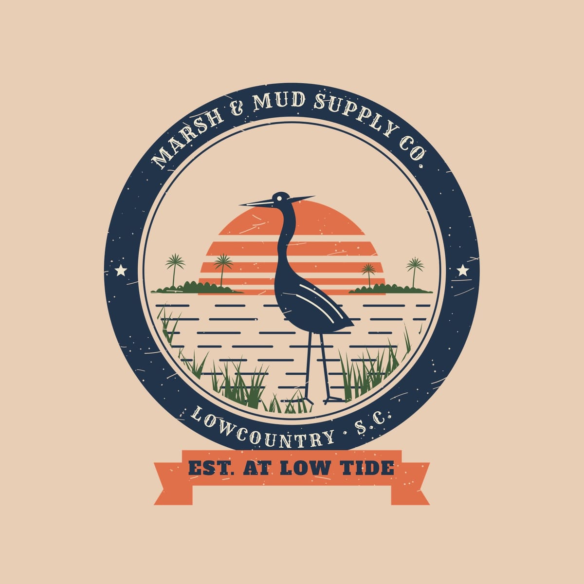 Close-up of the heron badge print showing the striped sun, palmettos and distressed navy ring