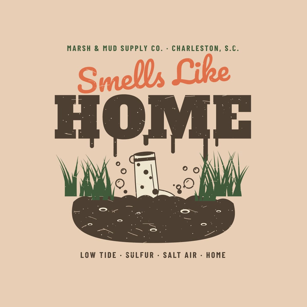 Close-up of the Smells Like Home print showing the dripping slab letters, boot and mud bubbles