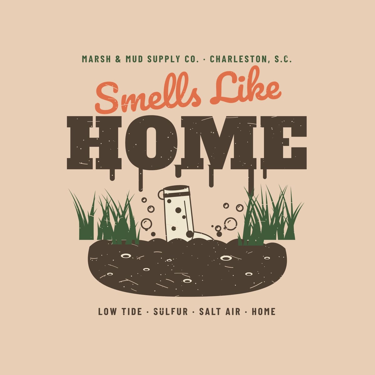 Close-up of the Smells Like Home print showing the dripping slab letters, boot and mud bubbles