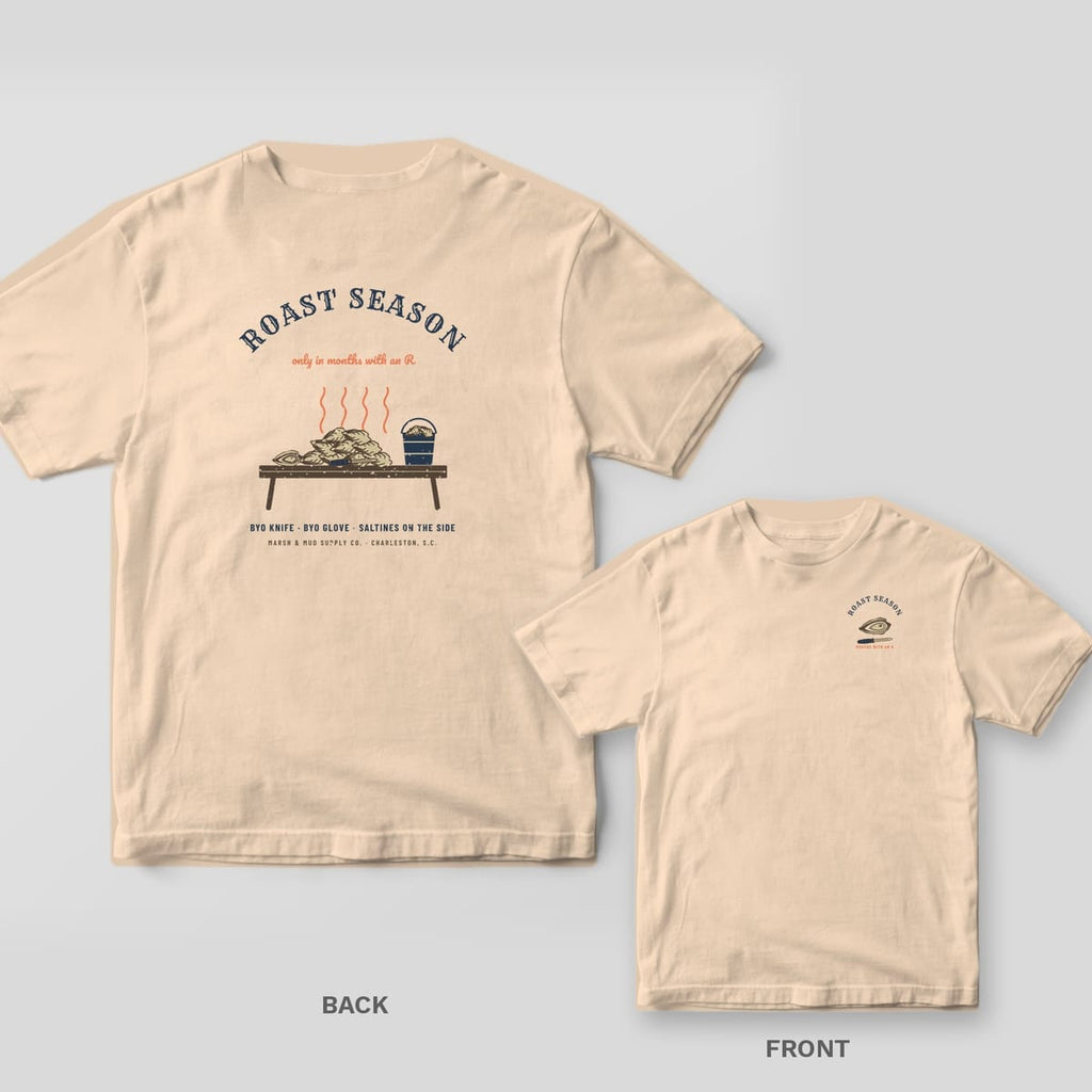 Back and front of an ivory Comfort Colors tee with a Roast Season oyster roast table design