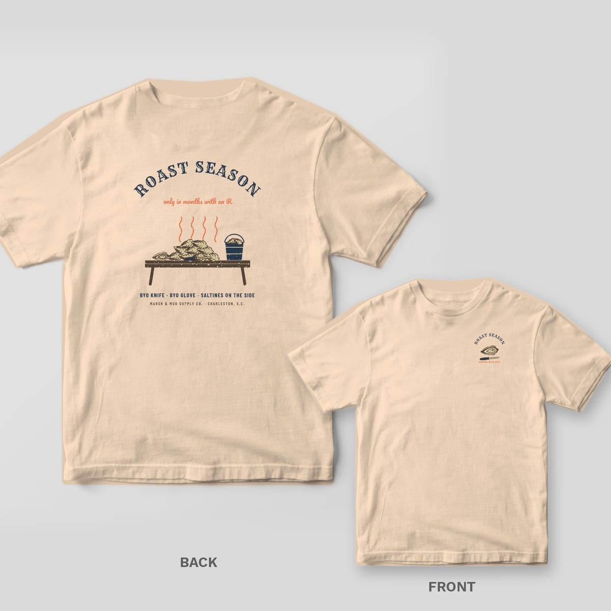 Back and front of an ivory Comfort Colors tee with a Roast Season oyster roast table design