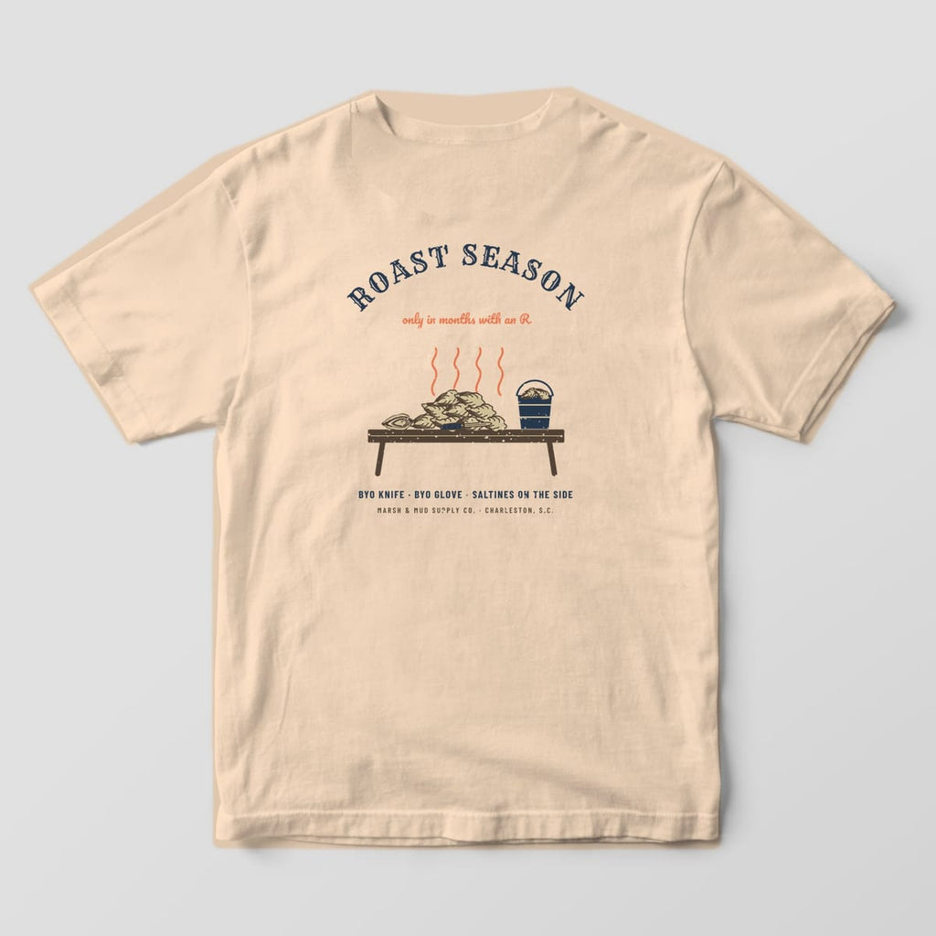 Back of an ivory Comfort Colors 1717 tee with Roast Season arched over steaming oysters on a plank table