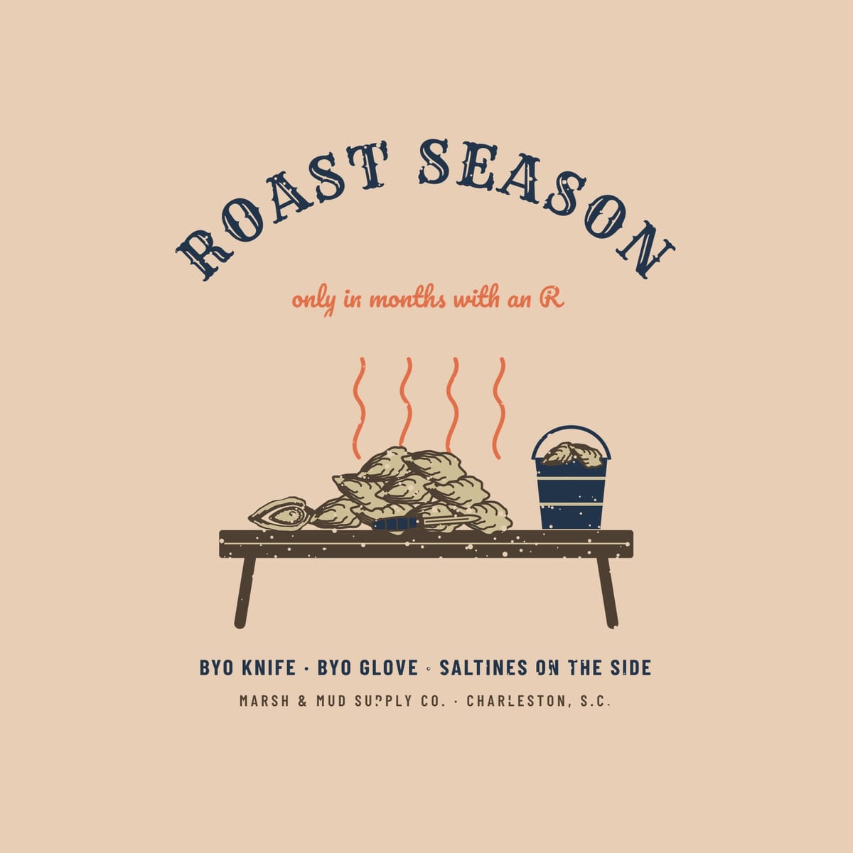 Close-up of the Roast Season print showing the oyster pile, coral steam and shell bucket