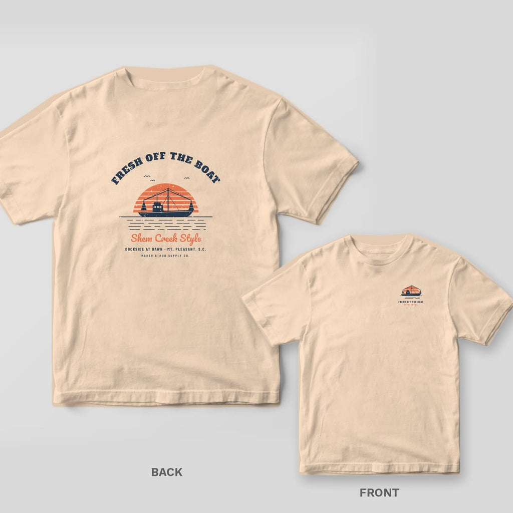 Back and front of an ivory Comfort Colors tee with a shrimp boat sunset and Fresh Off the Boat lettering