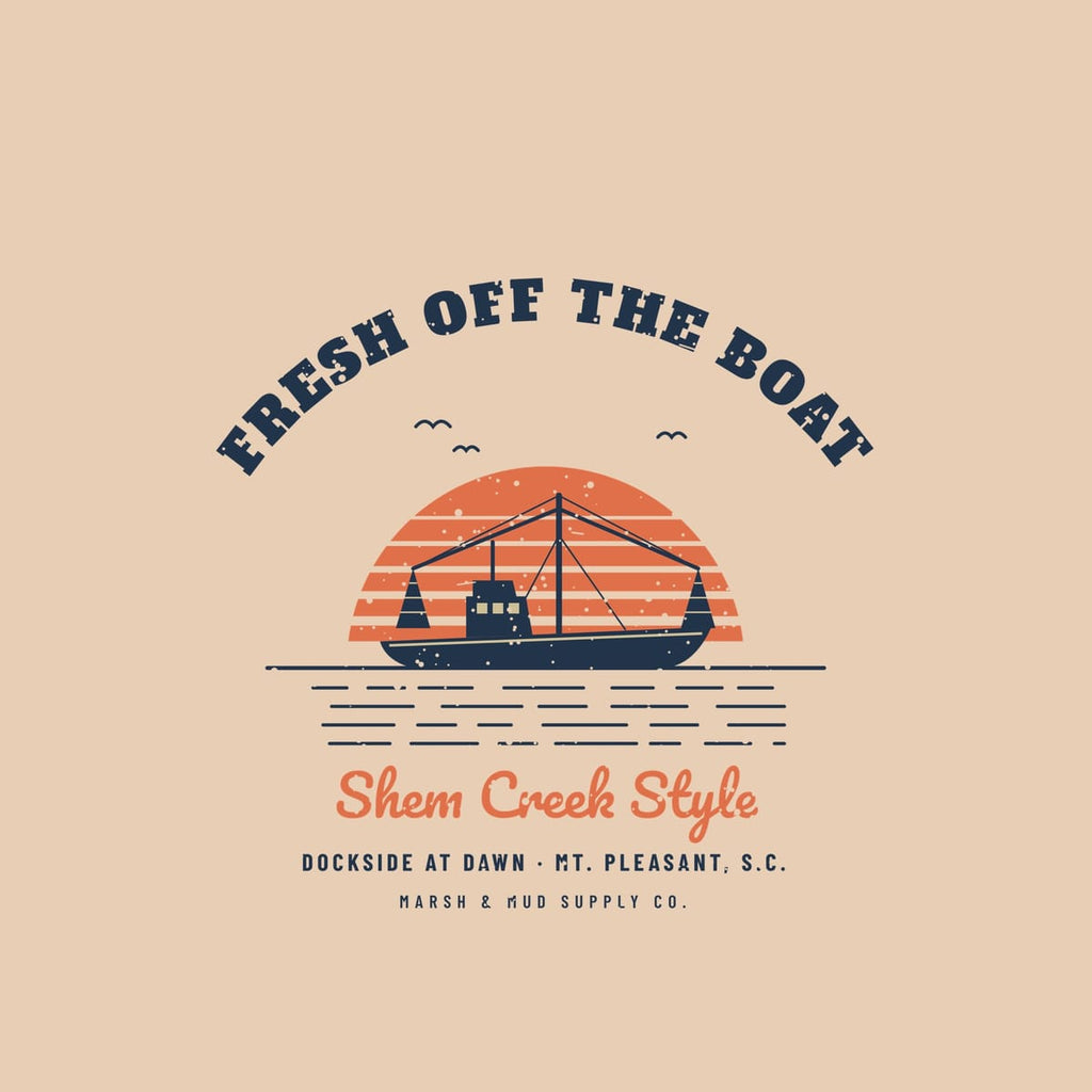 Close-up of the shrimp boat print showing the outriggers, striped sun and water lines