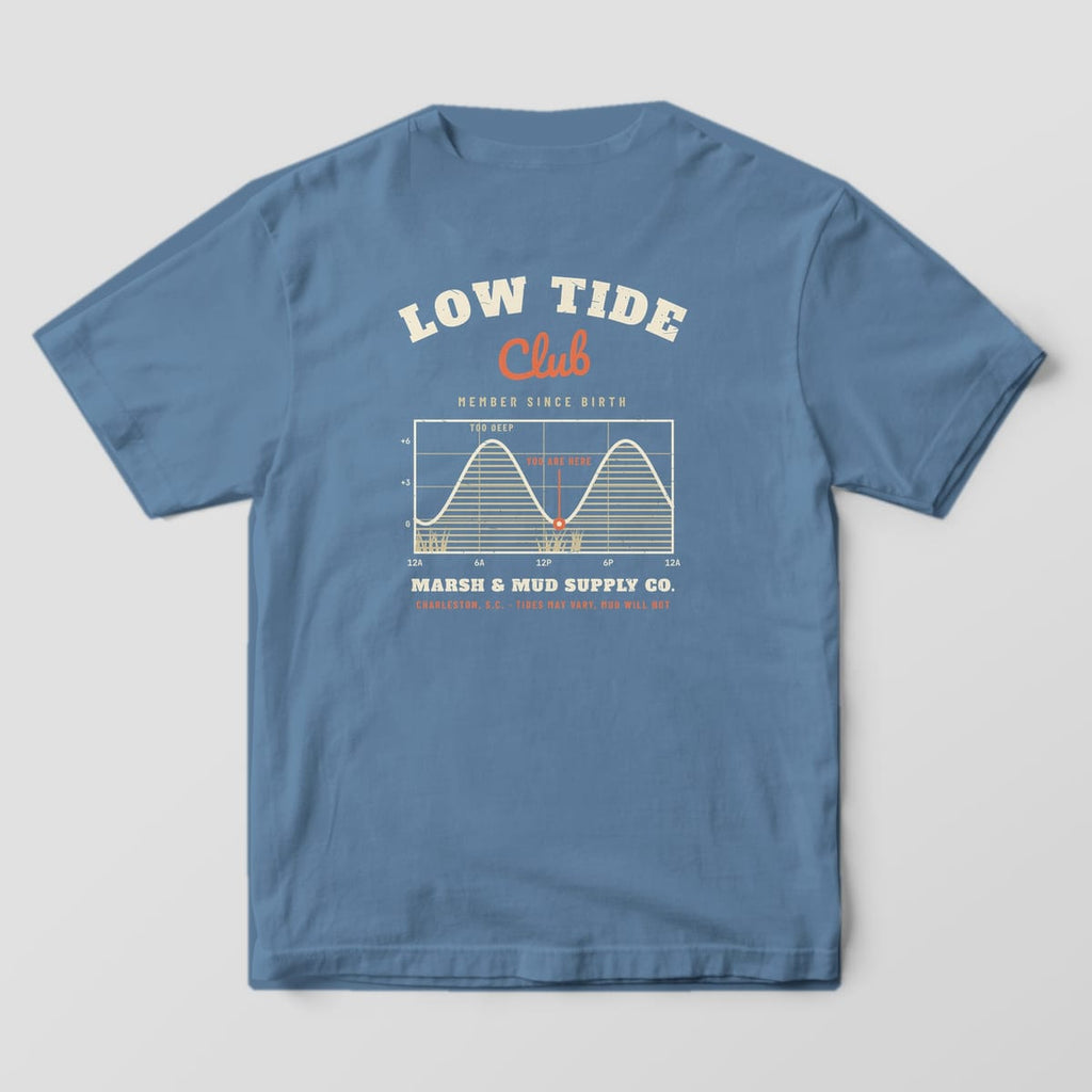 Back of a blue jean Comfort Colors 1717 tee with Low Tide Club lettering over a tide chart with a You Are Here marker