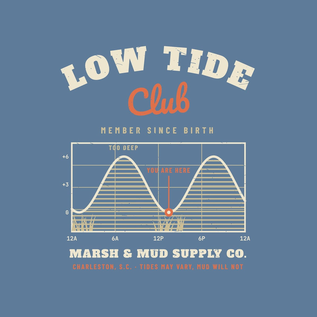Close-up of the Low Tide Club print showing the tide curve, time labels and coral You Are Here pin