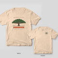 Back and front of an ivory Comfort Colors tee with a live oak and Spanish moss design and Under the Oaks banner