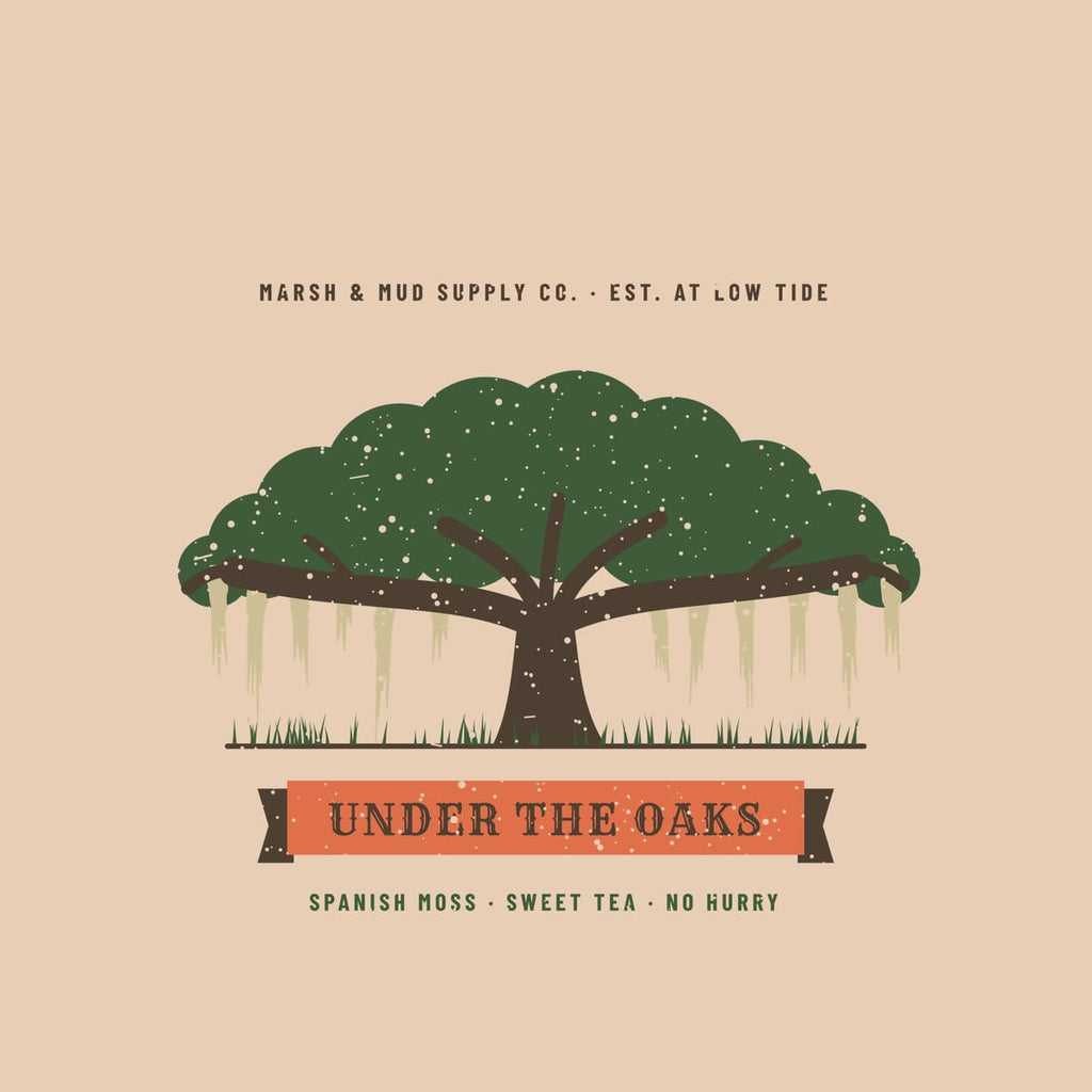 Close-up of the Under the Oaks print showing the oak canopy, moss tufts and distressed texture