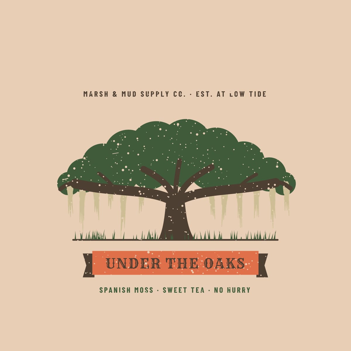 Close-up of the Under the Oaks print showing the oak canopy, moss tufts and distressed texture