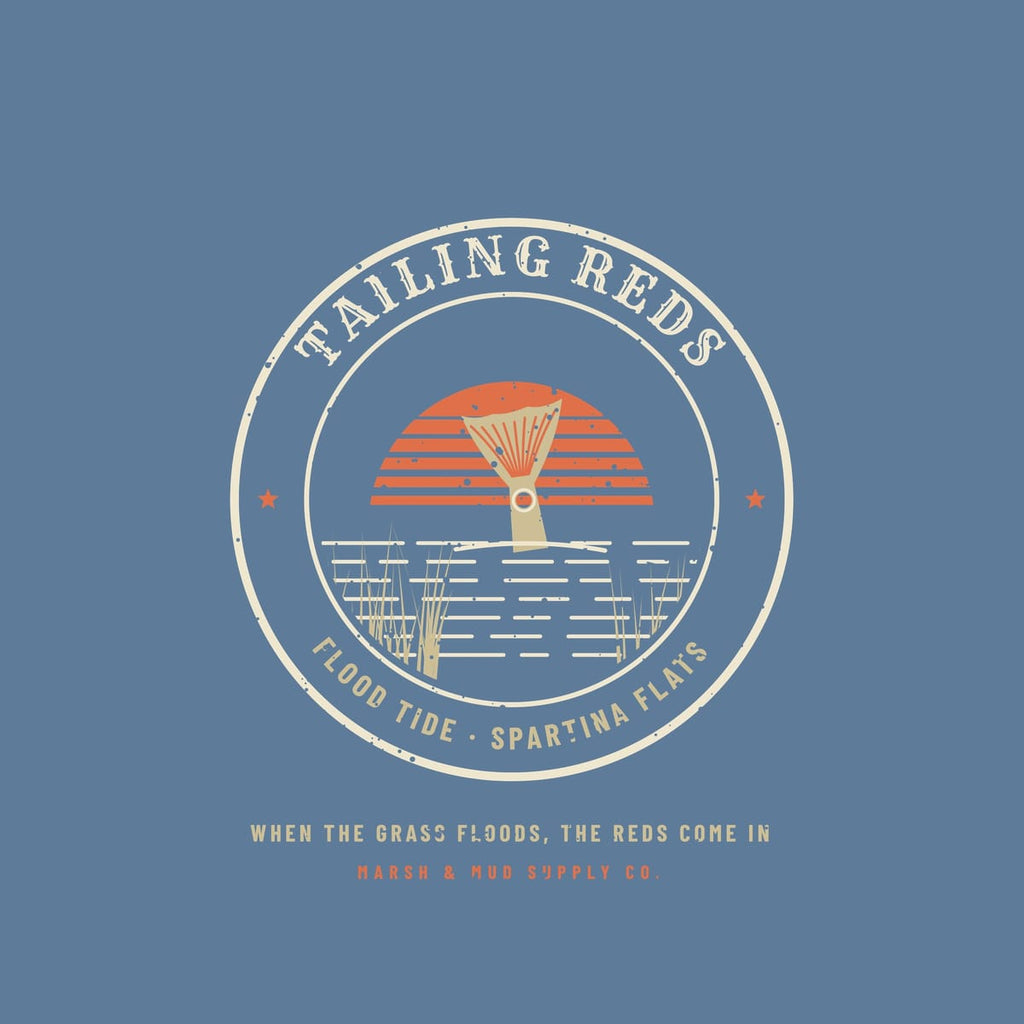 Close-up of the Tailing Reds print showing the fin rays, eyespot and striped sun
