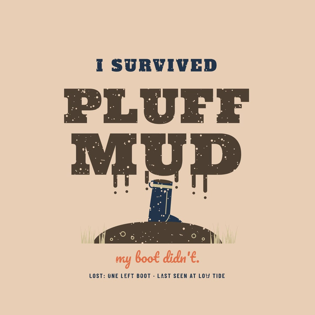 Close-up of the print showing the dripping slab letters, sunken boot and mud bubbles