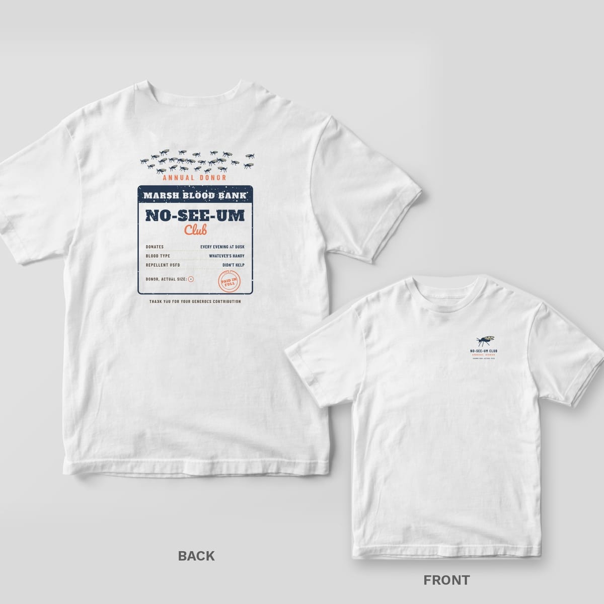 Back and front of a white Comfort Colors tee with a No-See-Um Club donor card design and bug swarm