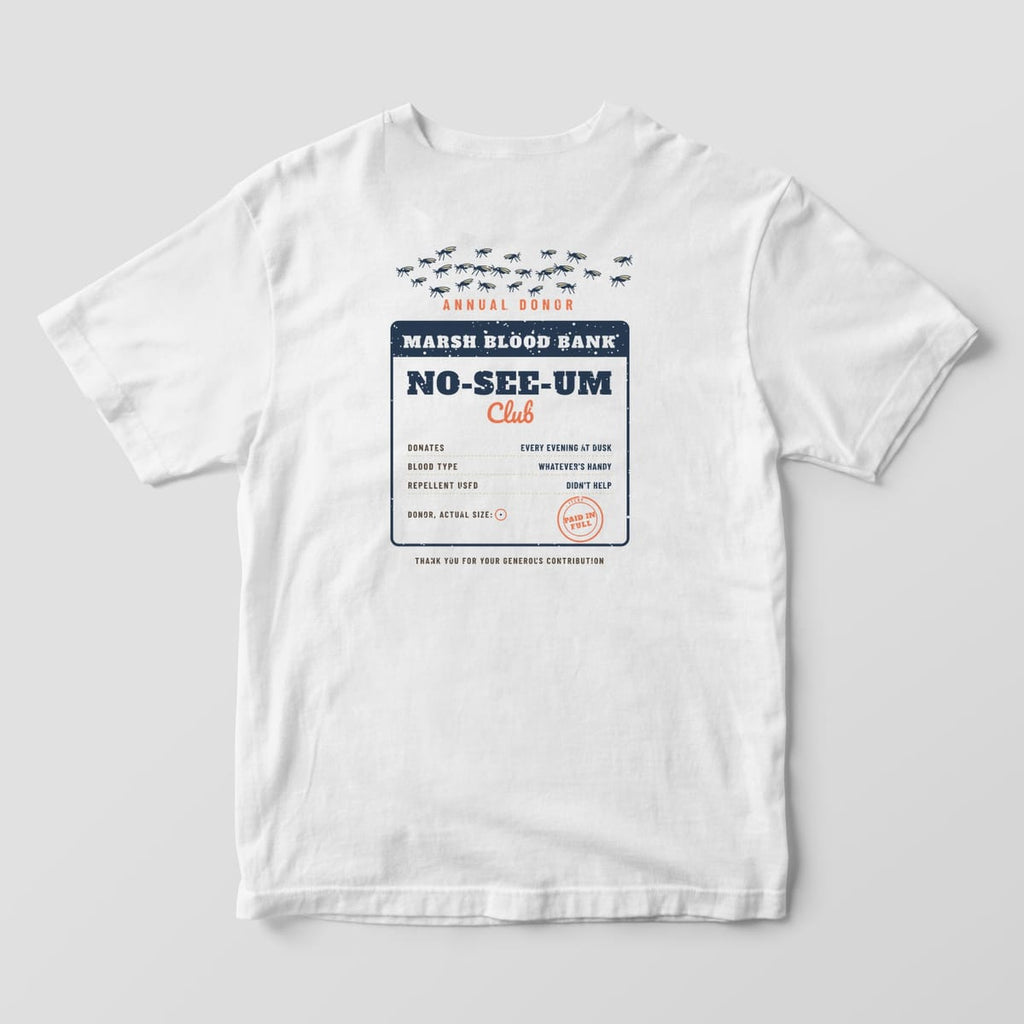 Back of a white Comfort Colors 1717 tee with a swarm of tiny bugs over a navy Marsh Blood Bank donor card