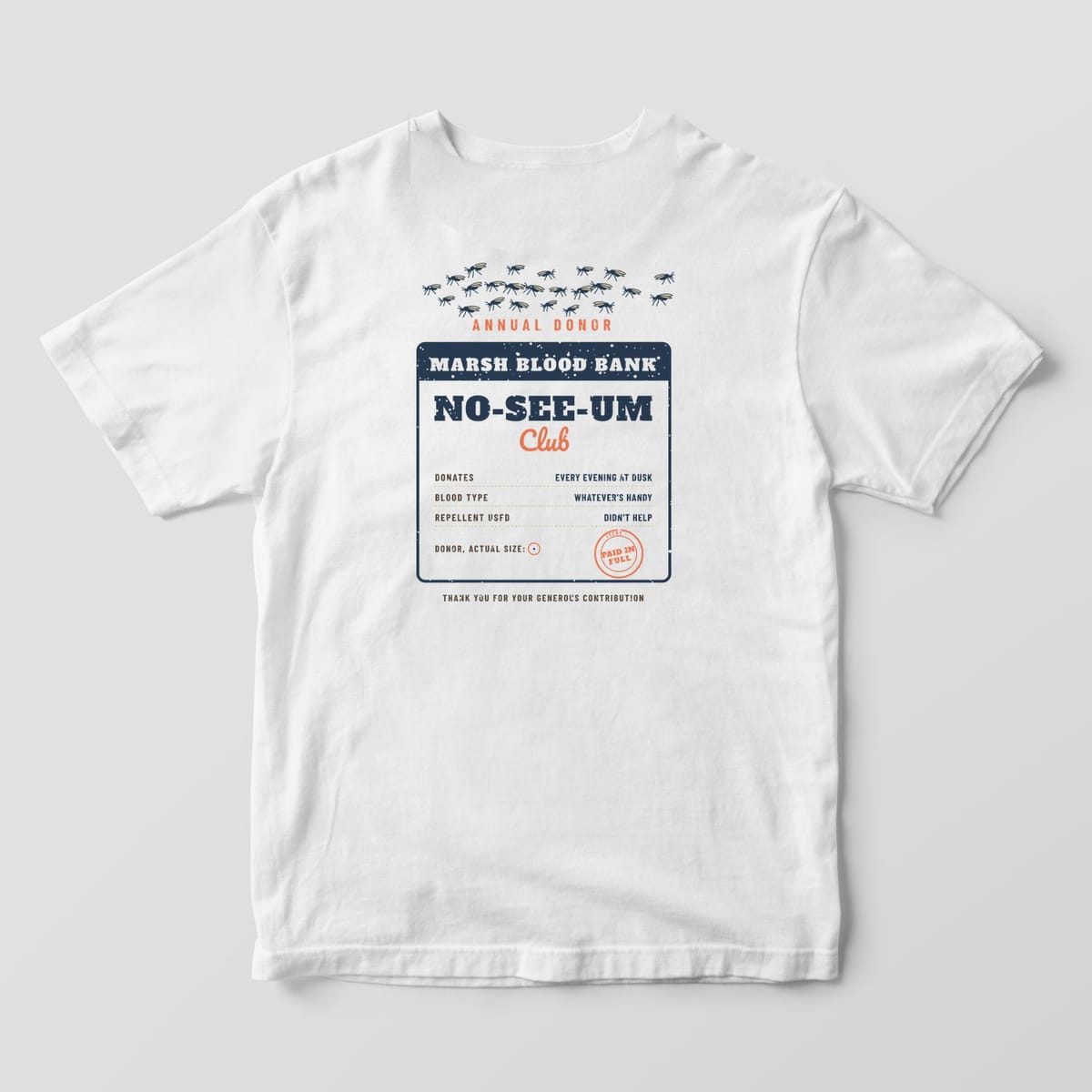 Back of a white Comfort Colors 1717 tee with a swarm of tiny bugs over a navy Marsh Blood Bank donor card