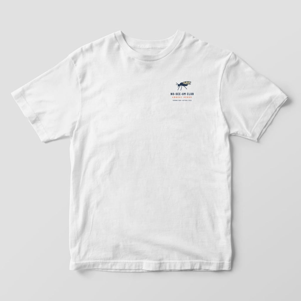 Front of a white Comfort Colors 1717 tee with a small drawing of a biting midge and No-See-Um Club text