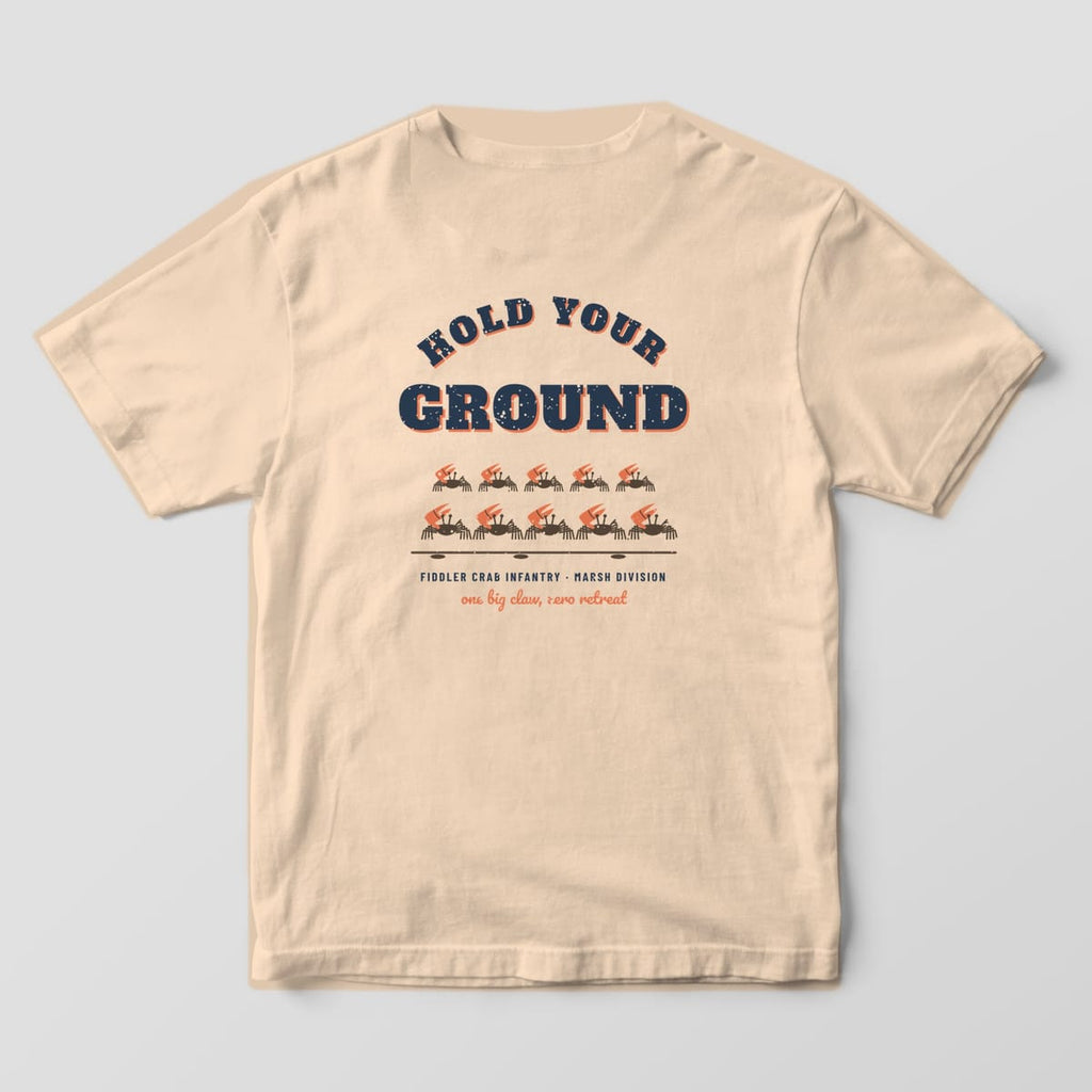 Back of an ivory Comfort Colors 1717 tee with navy and coral Hold Your Ground lettering over ten fiddler crabs