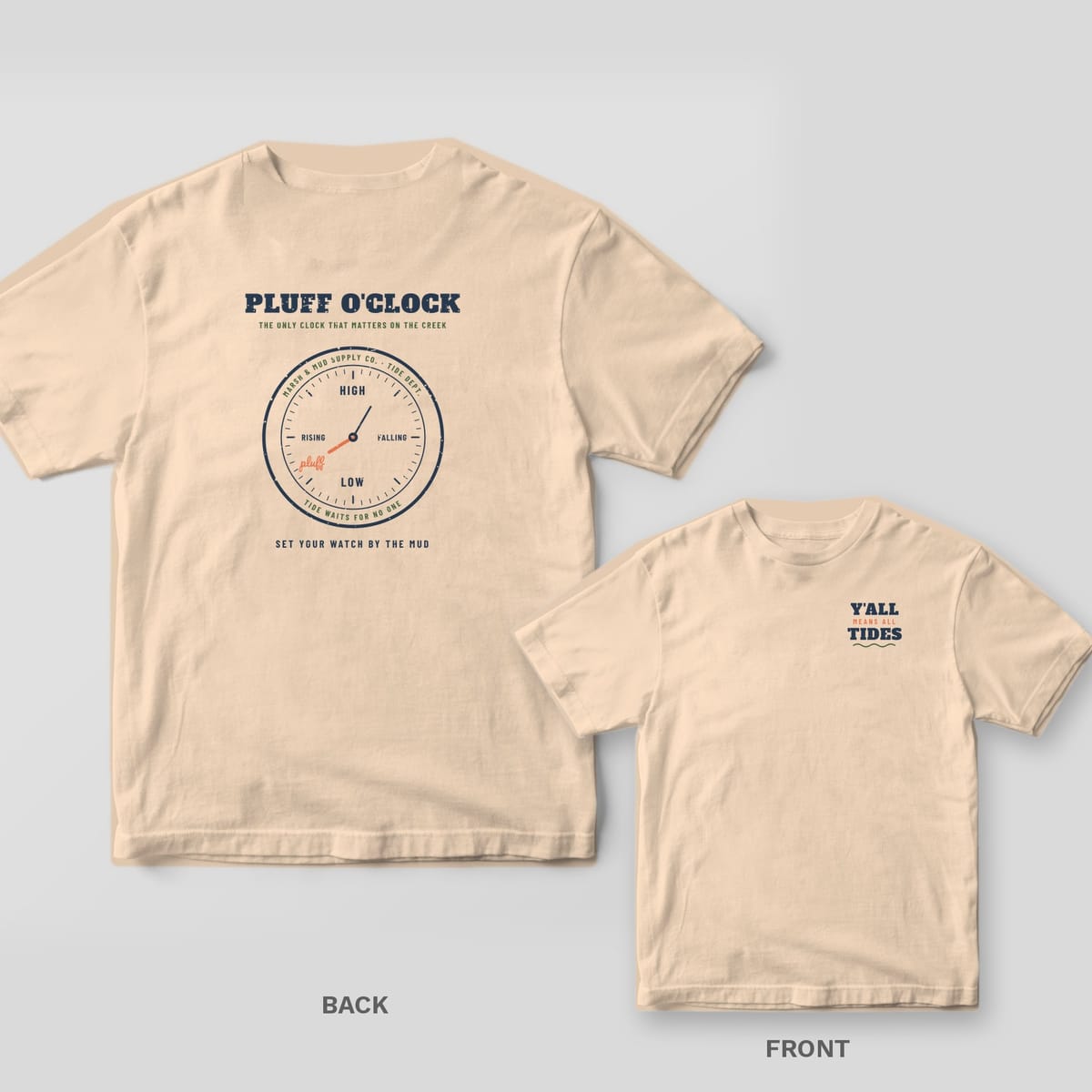 Back and front of an ivory Comfort Colors tee with a navy tide clock dial and Y'all Means All Tides front