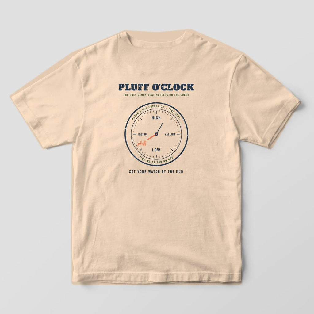 Back of an ivory Comfort Colors 1717 tee with a round tide clock showing high, falling, low and rising