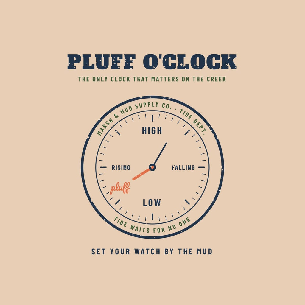Close-up of the tide clock print showing the dial ticks, labels and coral clock hand