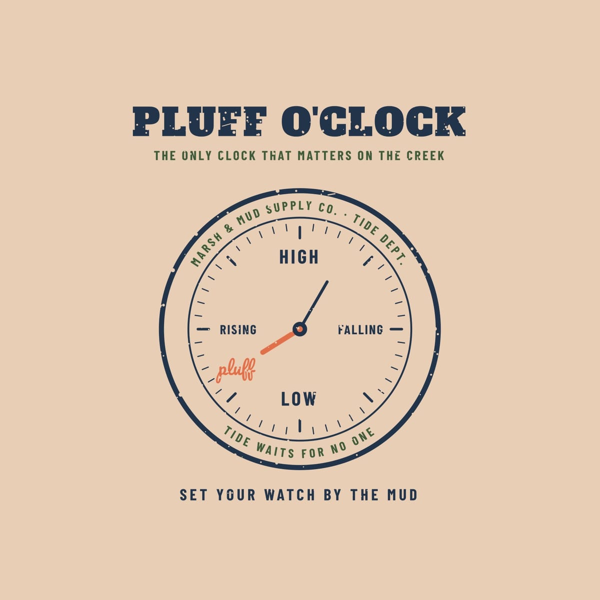 Close-up of the tide clock print showing the dial ticks, labels and coral clock hand