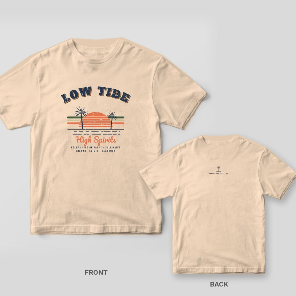 Front and back of an ivory Comfort Colors tee with a full-front retro Low Tide High Spirits sunset print and small palmetto neck print