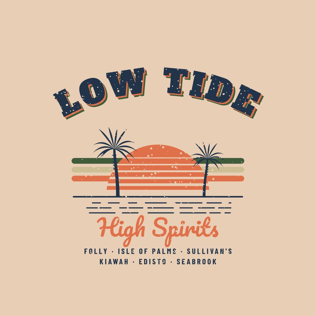 Close-up of the Low Tide High Spirits print showing the layered arch lettering and speckled texture