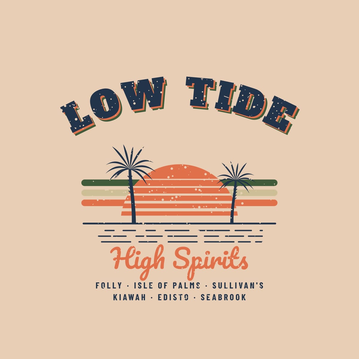 Close-up of the Low Tide High Spirits print showing the layered arch lettering and speckled texture
