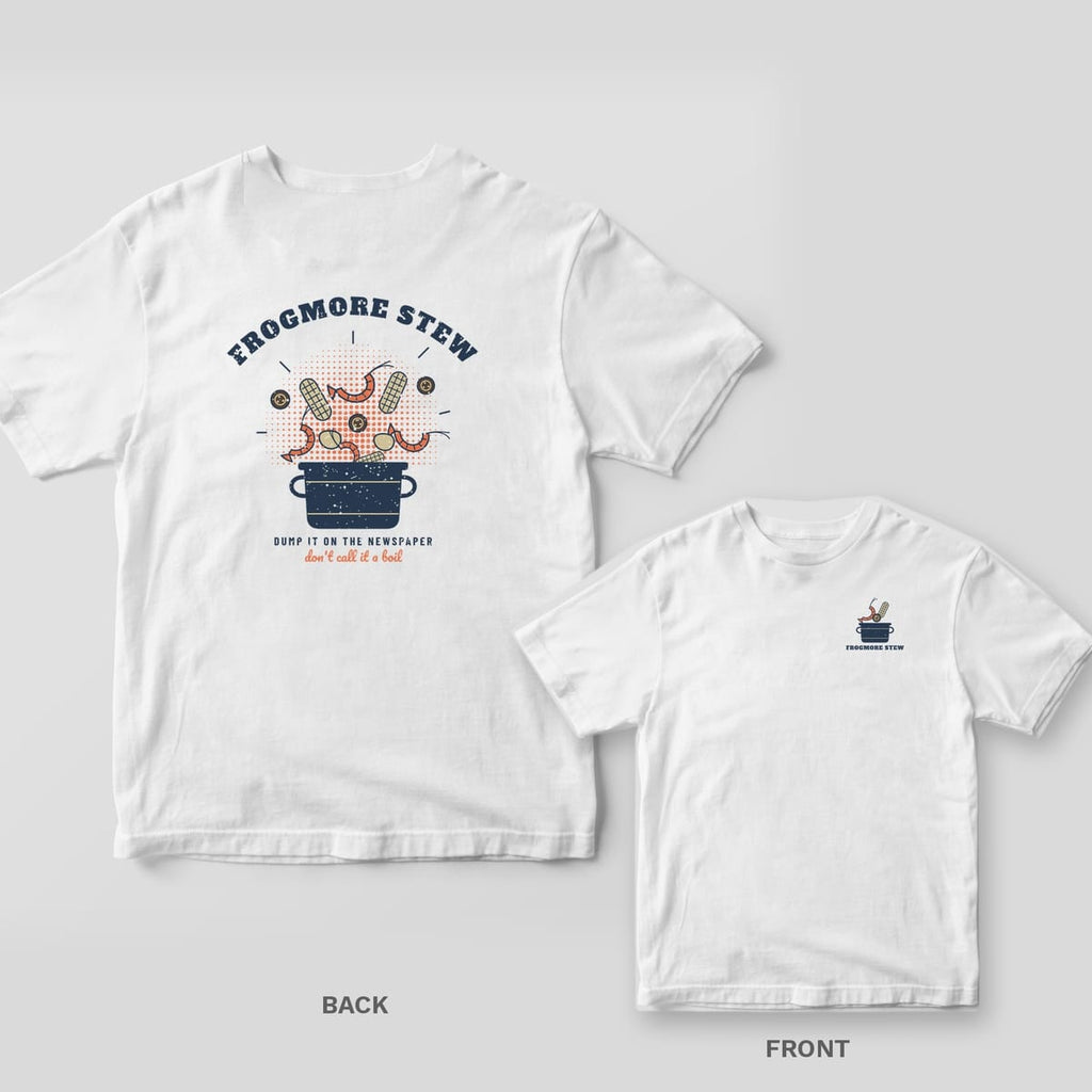 Back and front of a white Comfort Colors tee with a Frogmore Stew pot exploding with shrimp, corn and sausage