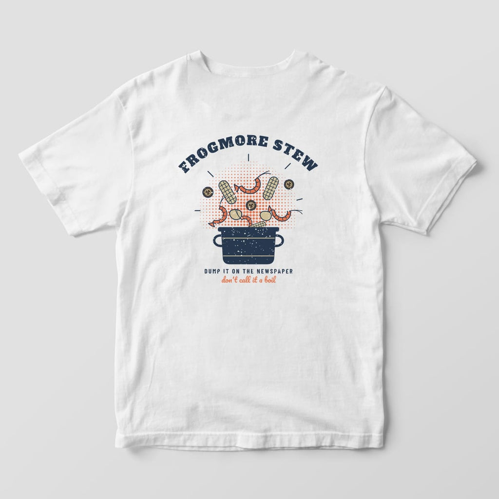 Back of a white Comfort Colors 1717 tee with an arched Frogmore Stew title over an overflowing stockpot