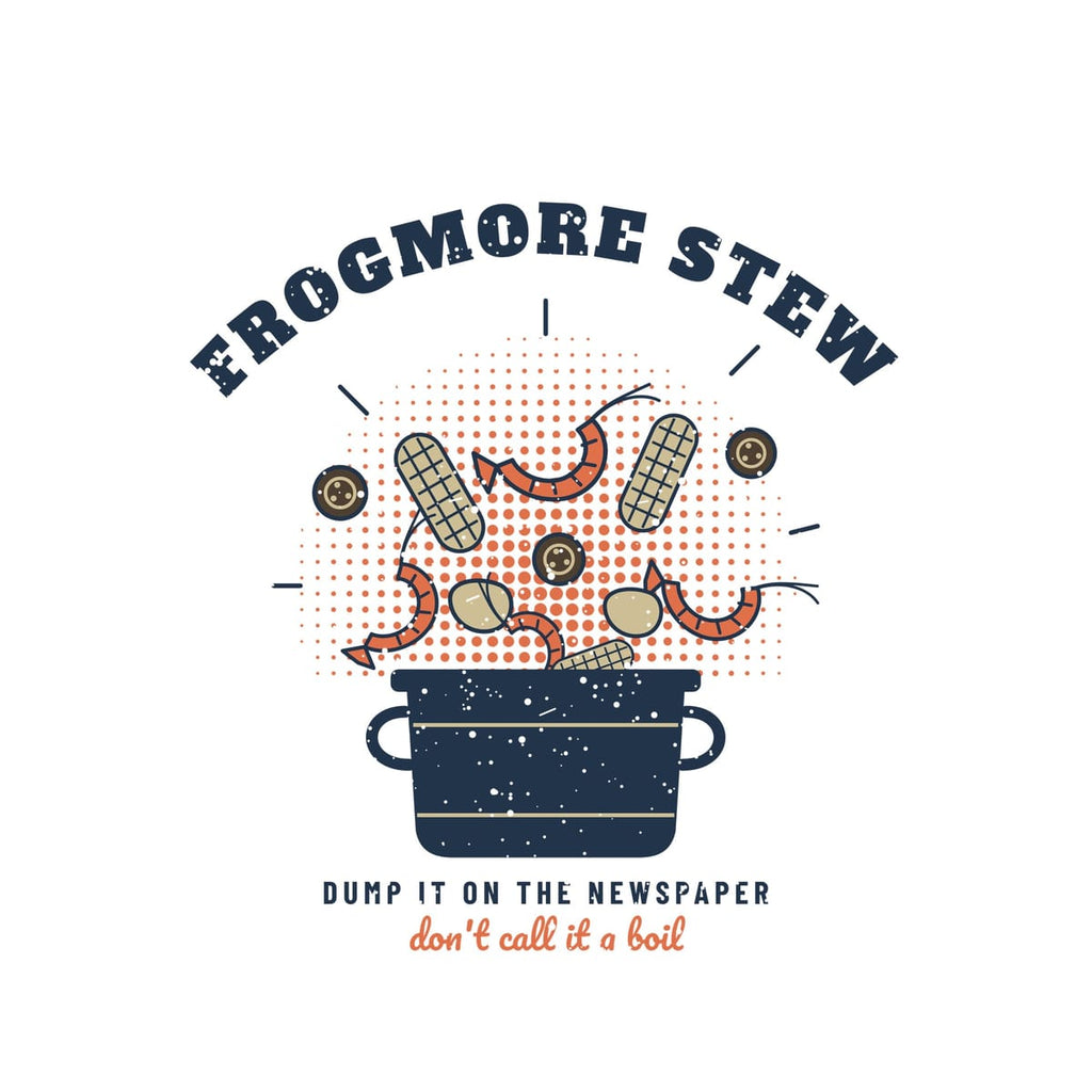 Close-up of the Frogmore Stew print showing shrimp, corn cobs and the coral halftone burst