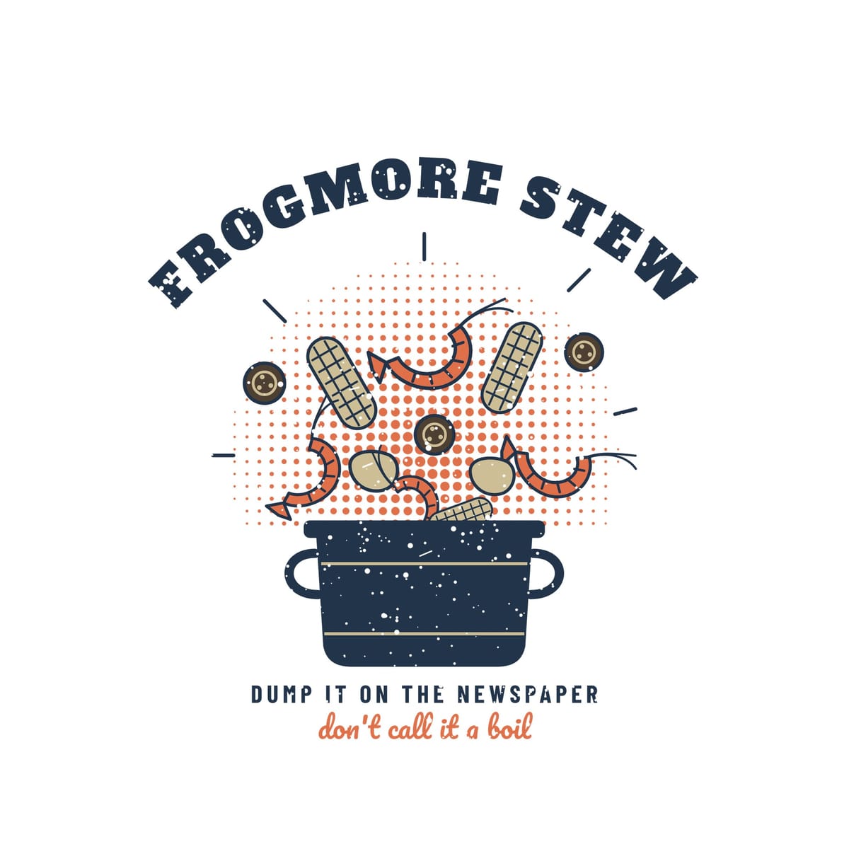 Close-up of the Frogmore Stew print showing shrimp, corn cobs and the coral halftone burst