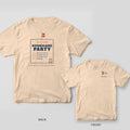 Back and front of an ivory Comfort Colors tee with a Hurricane Party invitation design and warning flags