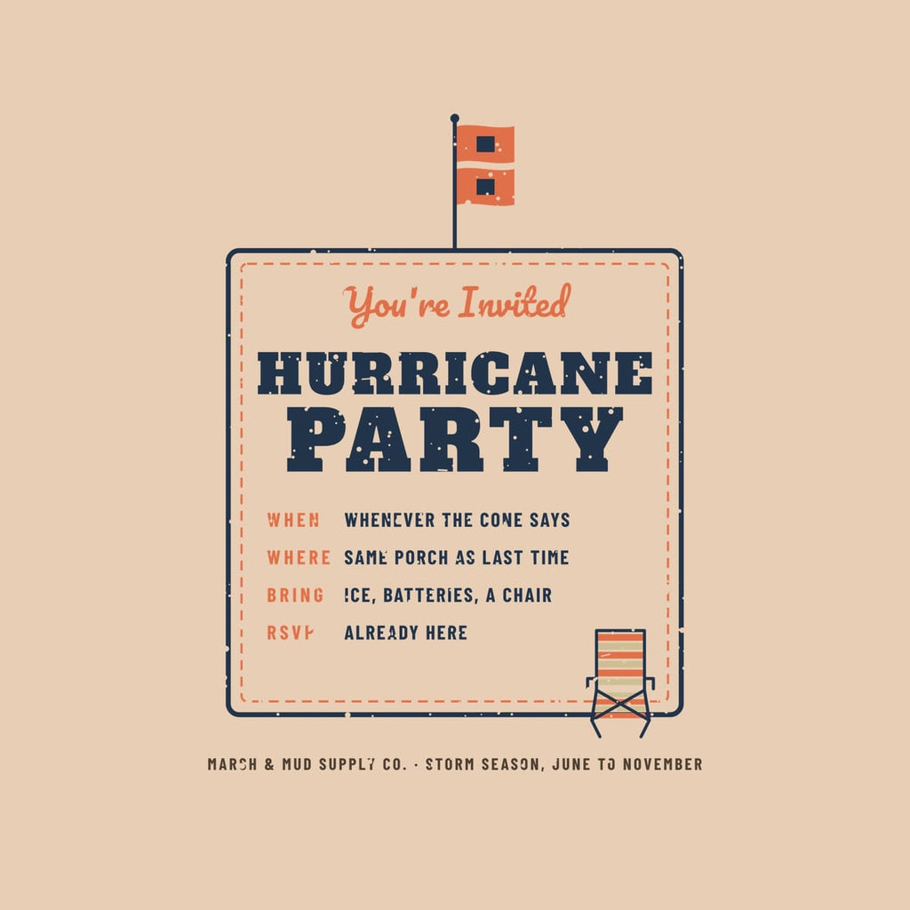 Close-up of the Hurricane Party lettering, coral warning flags and the When Where Bring RSVP lines
