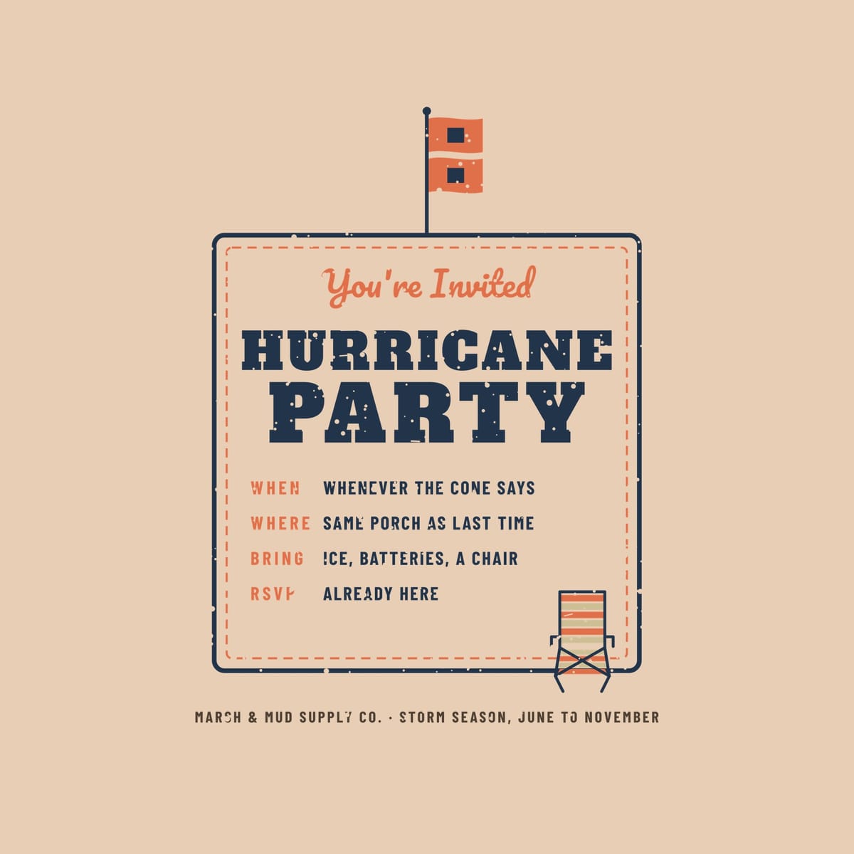 Close-up of the Hurricane Party lettering, coral warning flags and the When Where Bring RSVP lines