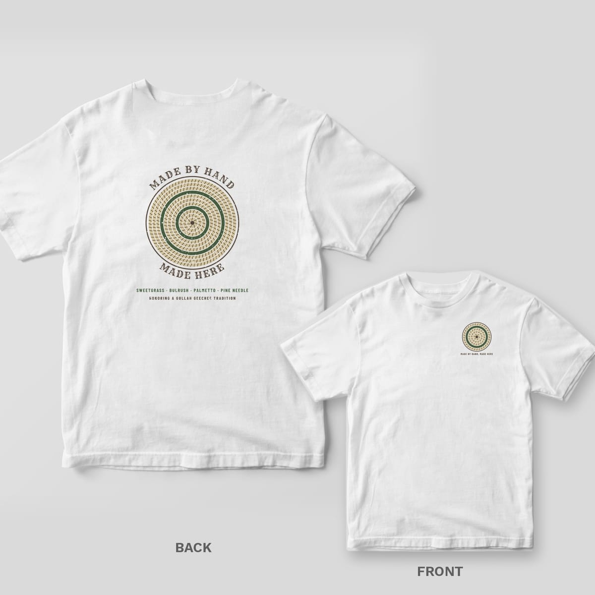 Back and front of a white Comfort Colors tee with a coiled sweetgrass basket mandala and Made by Hand Made Here