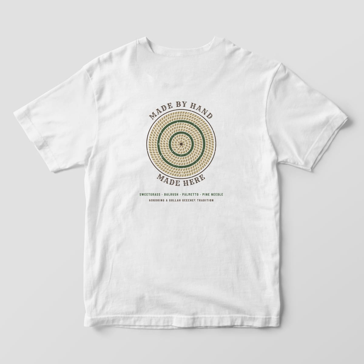 Back of a white Comfort Colors 1717 tee with a round sweetgrass basket weave design