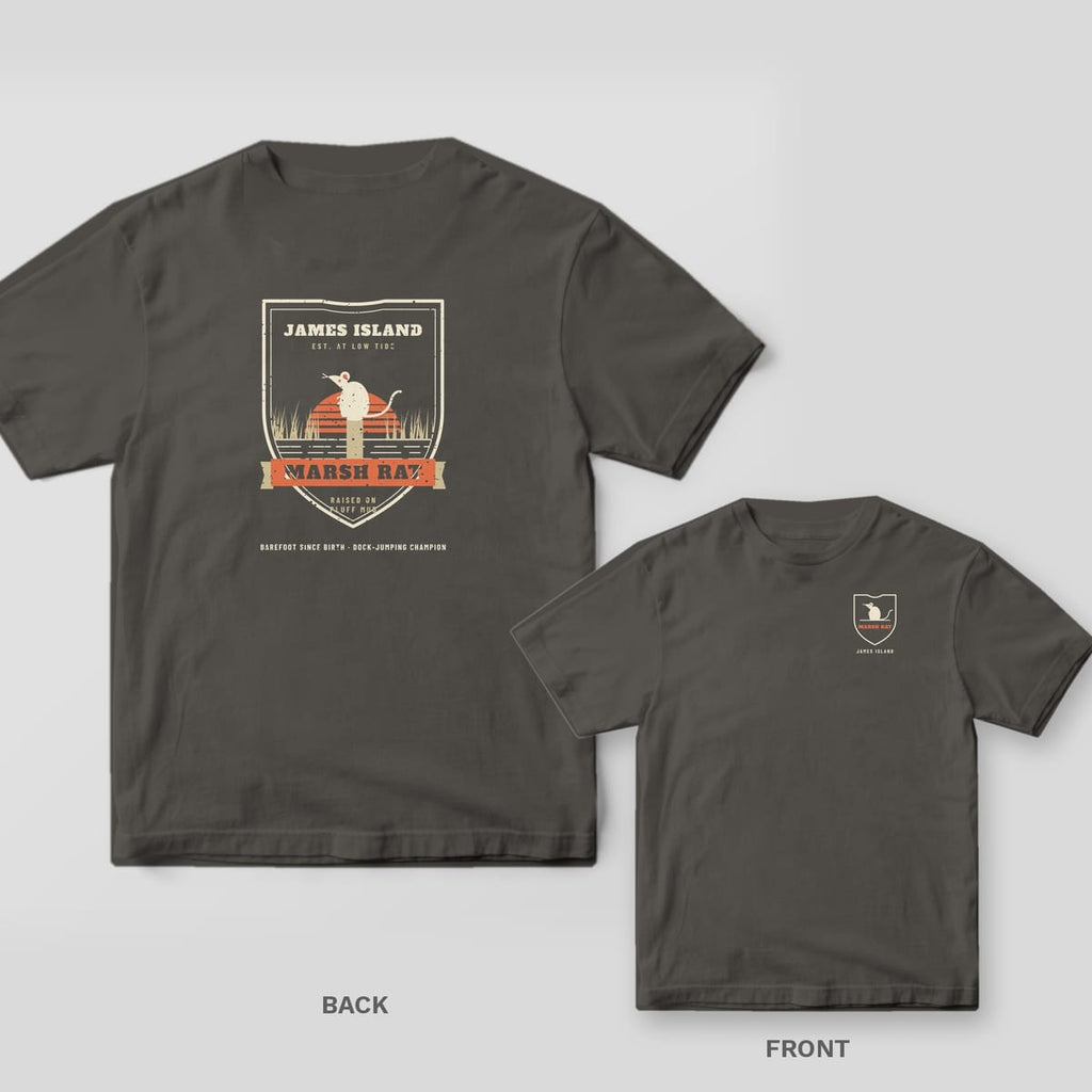 Back and front of a pepper Comfort Colors tee with a Marsh Rat shield badge personalized with James Island