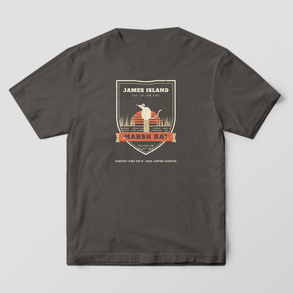 Back of a pepper Comfort Colors 1717 tee with a cream shield badge, marsh rat on a piling and coral Marsh Rat ribbon