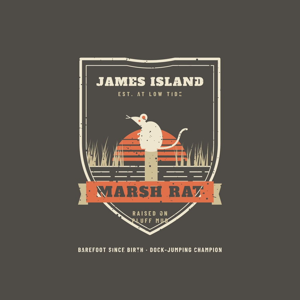 Close-up of the Marsh Rat badge showing the island name, striped sunset and marsh grass