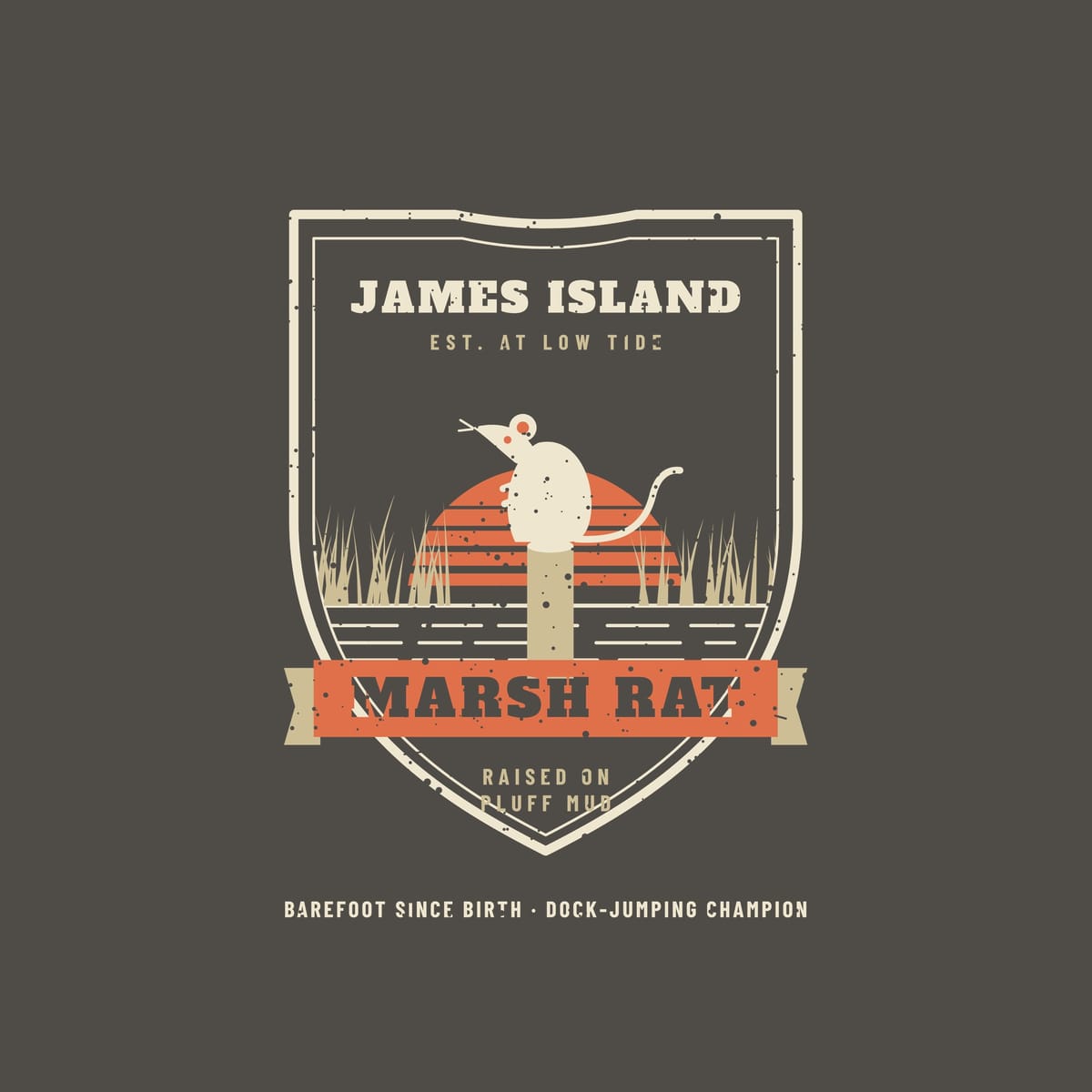 Close-up of the Marsh Rat badge showing the island name, striped sunset and marsh grass
