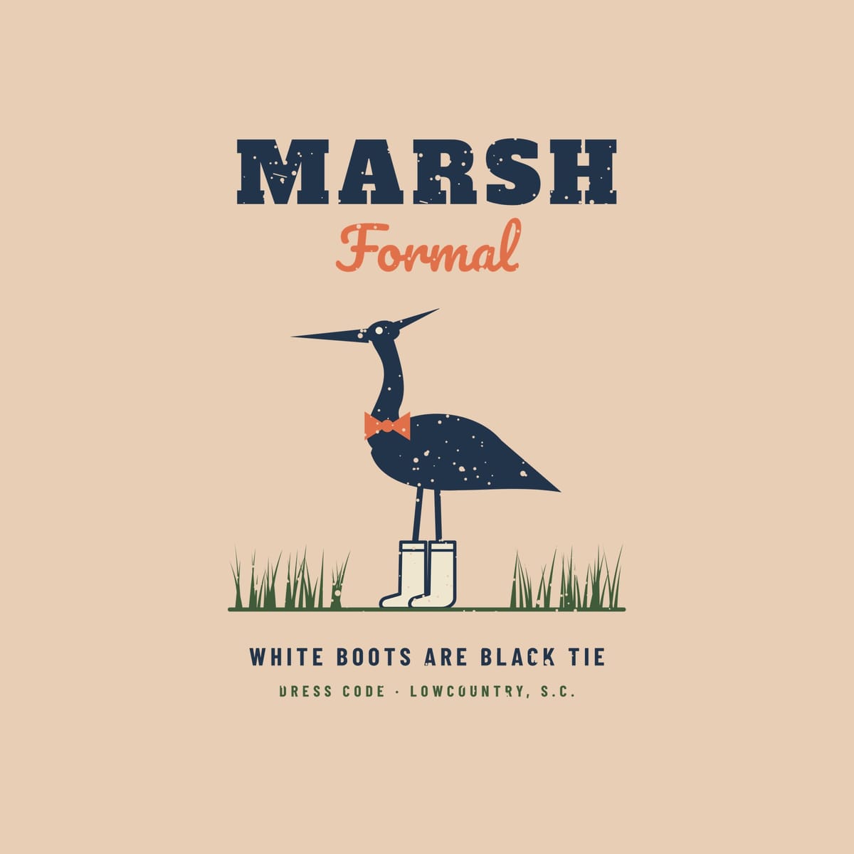 Close-up of the heron's coral bow tie, white rubber boots and green marsh grass