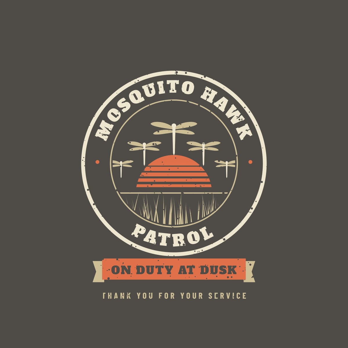 Close-up of the patrol badge showing the dragonfly squadron and On Duty at Dusk ribbon
