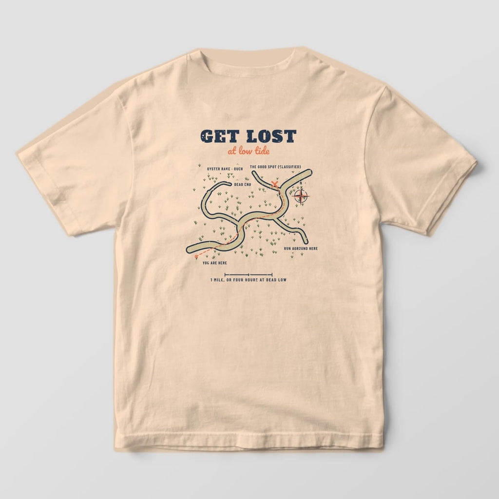 Back of an ivory Comfort Colors 1717 tee with a hand-drawn creek map, dotted route and compass