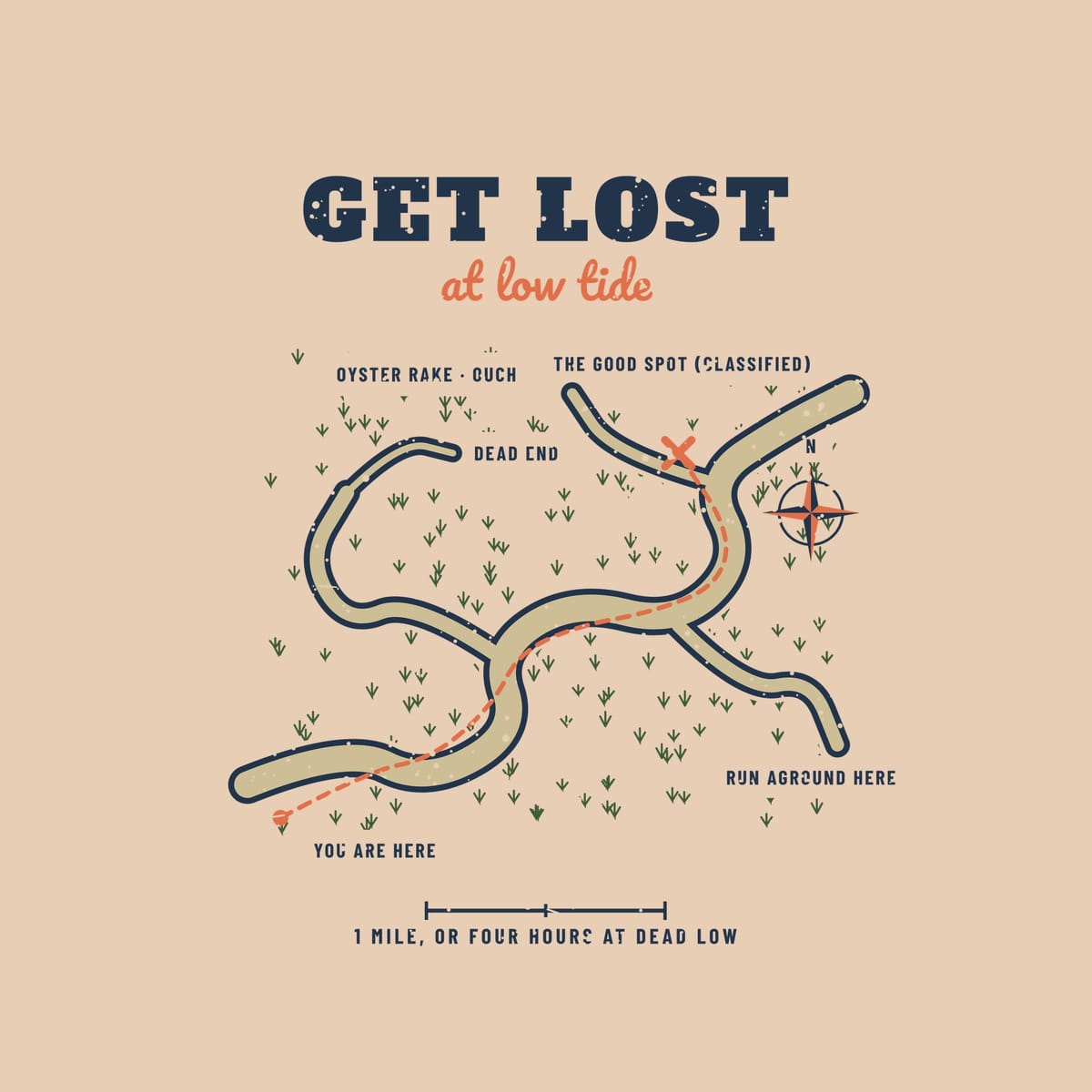Close-up of the map labels The Good Spot, Dead End and the coral X