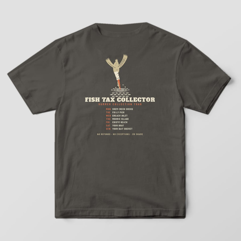 Back of a pepper Comfort Colors 1717 tee with a pelican diving into a bait ball over a weekly tour schedule